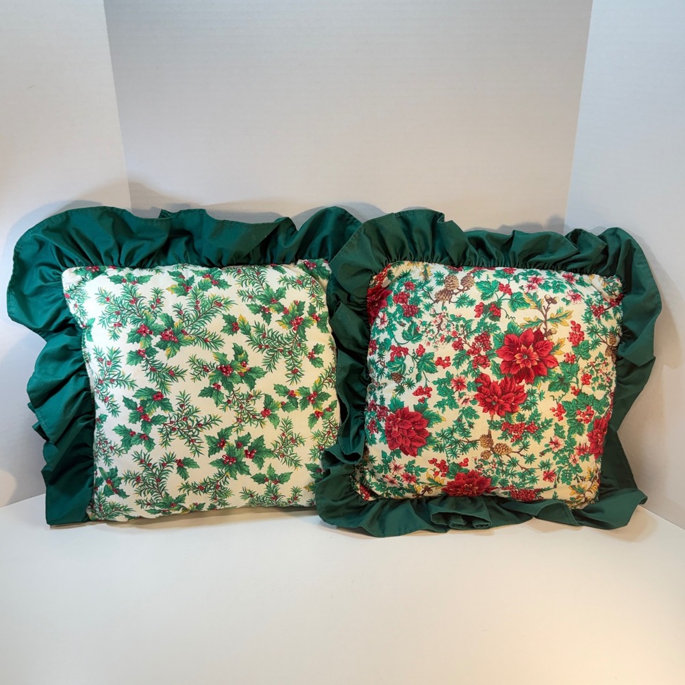 Christmas Throw Pillows Set Of 2 Green Red Holly Poinsettia Ruffled